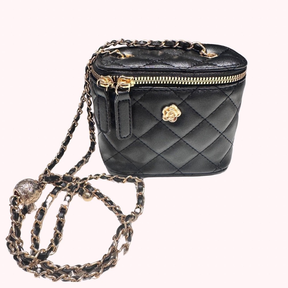 Black Quilted Vanity Case Crossbody Bag Gold Chain Flower Accent